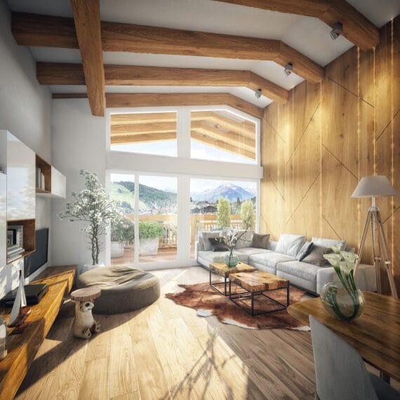 Visualisierung eines Innenraums mit Holz