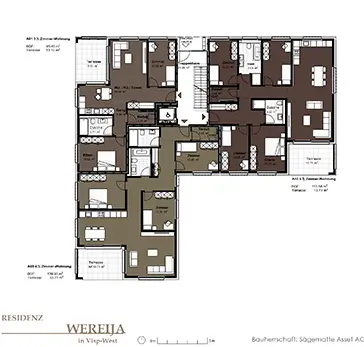 Detailreicher Grundriss Erdgeschoss Visualisierung der Residenz WEREIJA in Visp, Schweiz